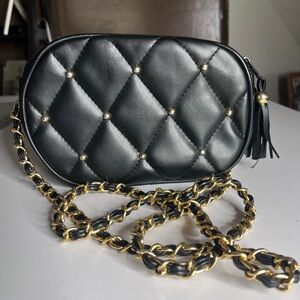 Crossbody Long Gold Chain Small Black Purse w/ Two Zippers